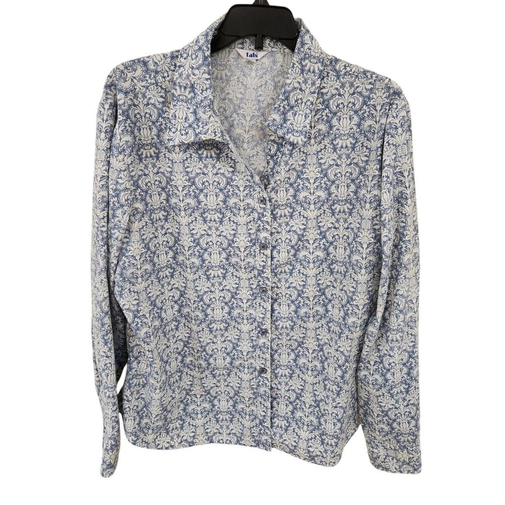 Vintage Tabi Shirt Blouse Size XL Button Up Long Sleeve Blue Ivory Print Office